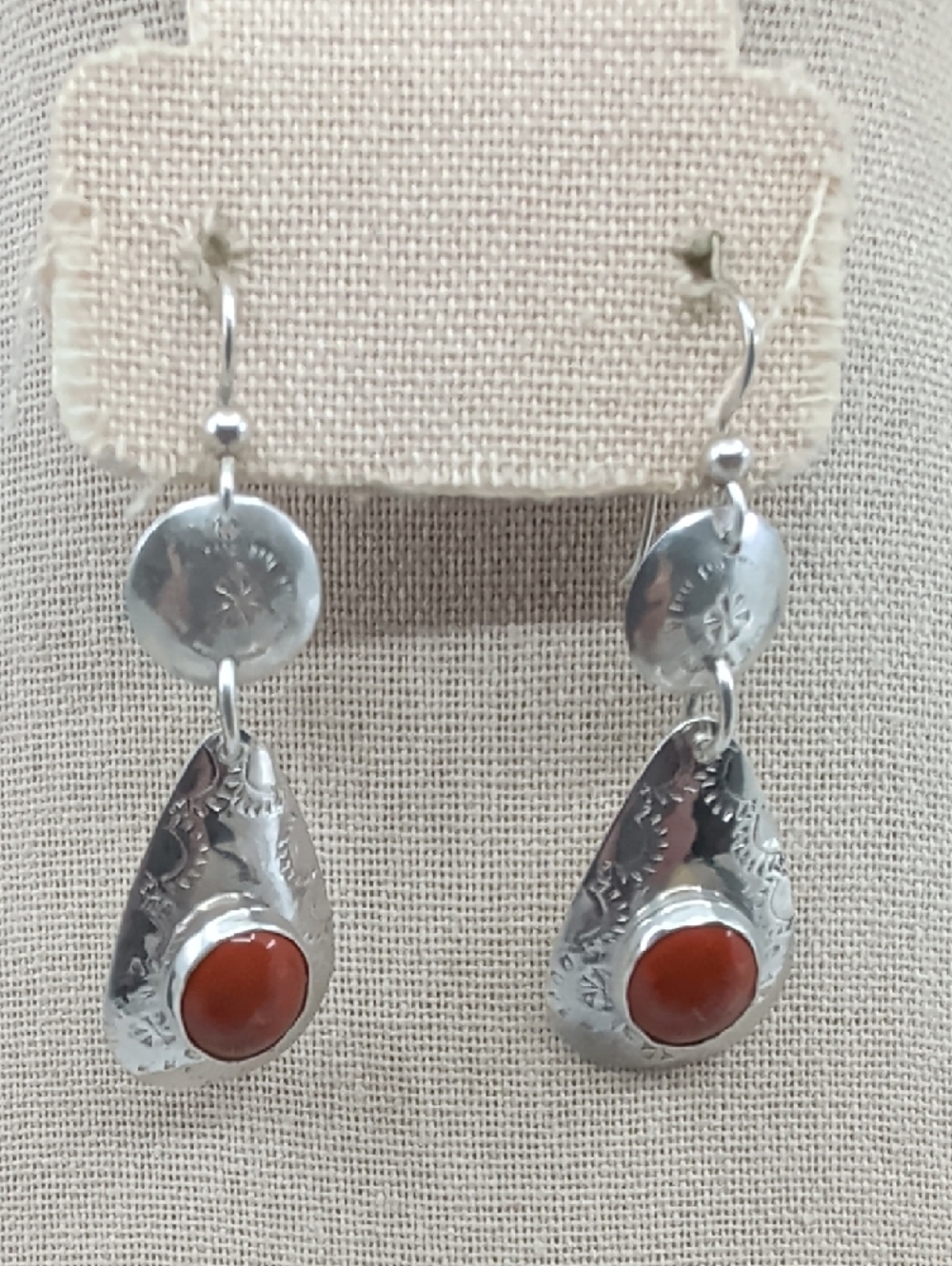 Vintage Sterling Silver Red Coral Cabochon Teardrop Dangle Earrings Artisan - Picture 11 of 17